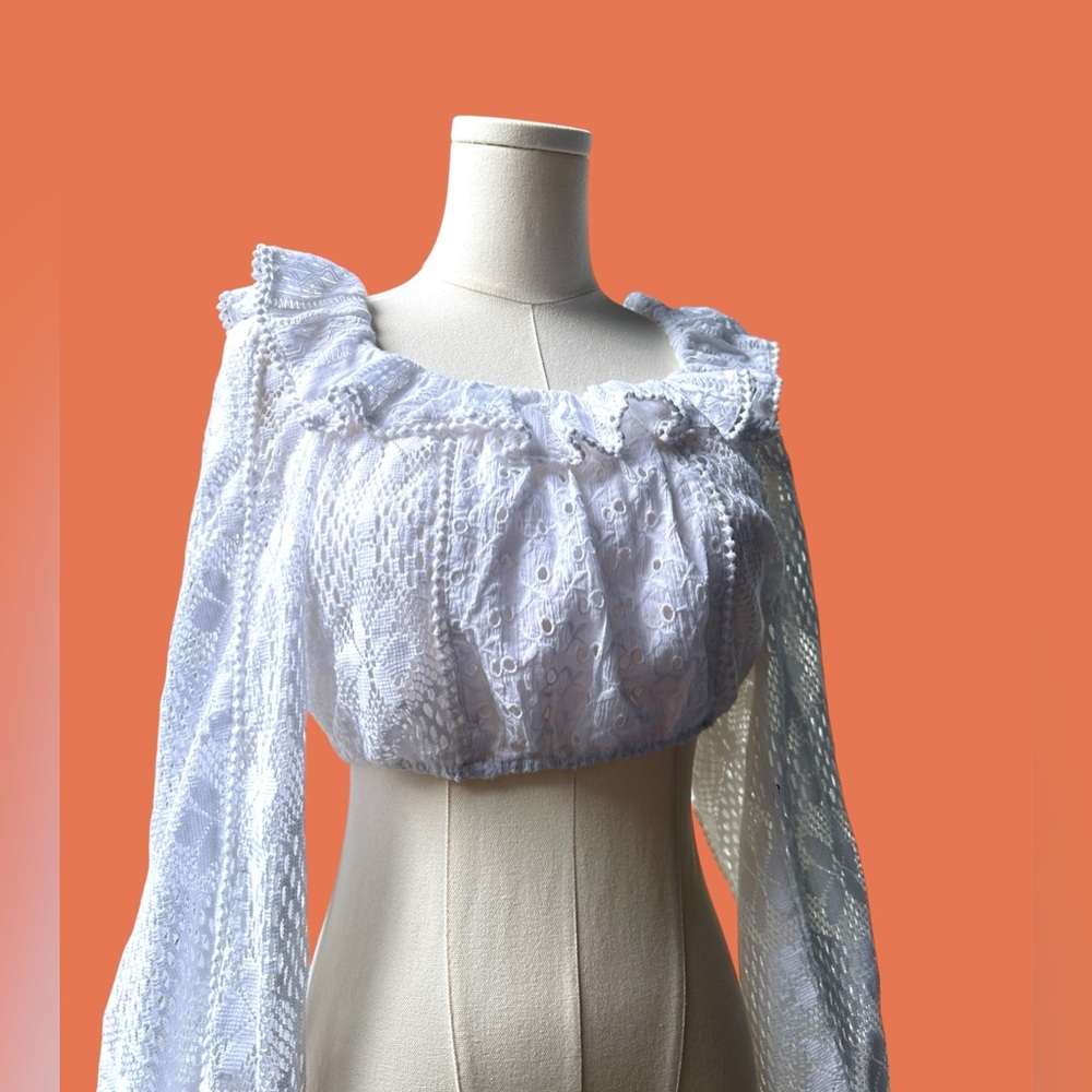 Elegant LoveShackFancy White Lace Cotton Crop Top XS Long Sleeve Romantic Boho